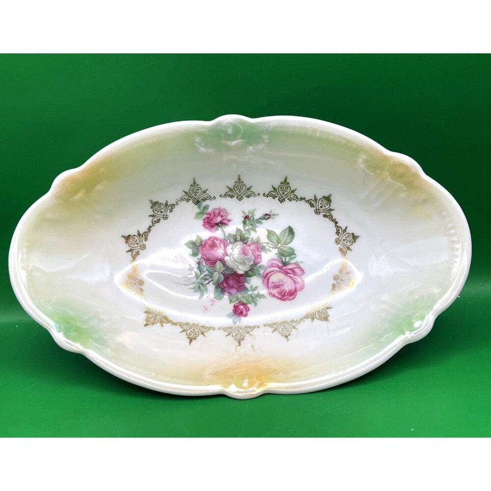 Schumann Bavaria Eleanor Oval Serving Bowl 8" Floral Gold Trim Vintage Germany